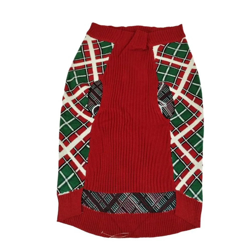 Merrry Makings Dog XXL Holiday Snowman Pet Sweater Red and Green Tartan Plaid